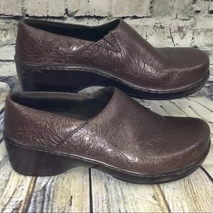 KLOGS Mules Clogs  Floral Embossed Brown Leather